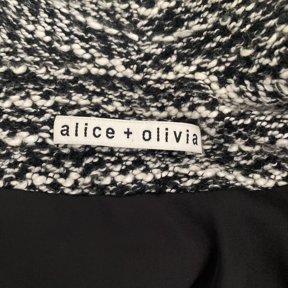 Alice Olivia Burma Drape Lapel Jacket Black White‎ Open Tweed Leather Shoulder 2 - Picture 11 of 12